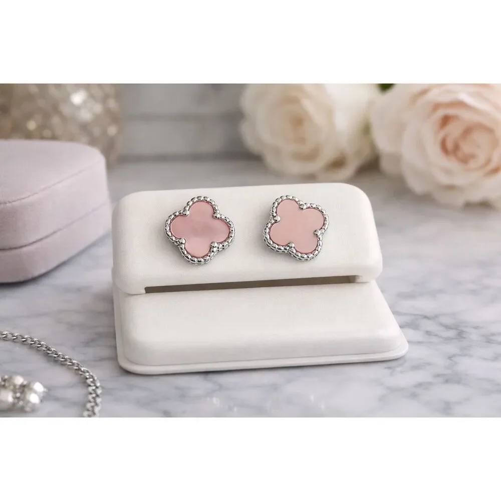 Pink Mother of Pearl Clover Stud Earrings Sterling Silver Beaded Trim Elegant